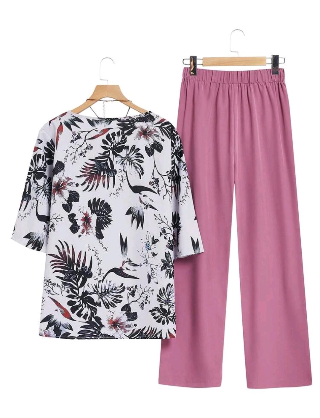 Conjunto de 2 piezas para mujer con blusa de manga corta con estampado floral y pantalón largo de unicolor, para otoño