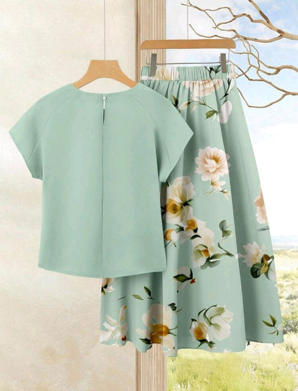 Rusticease 2 piezas Conjunto casual de verano para mujer con parte superior de unicolor + falda estampada.