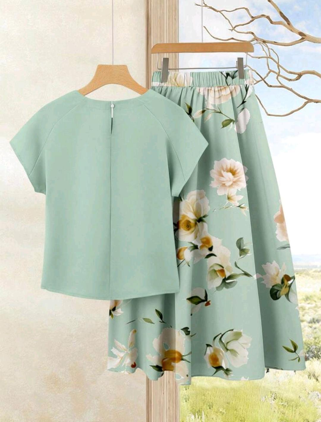 Rusticease 2 piezas Conjunto casual de verano para mujer con parte superior de unicolor + falda estampada.