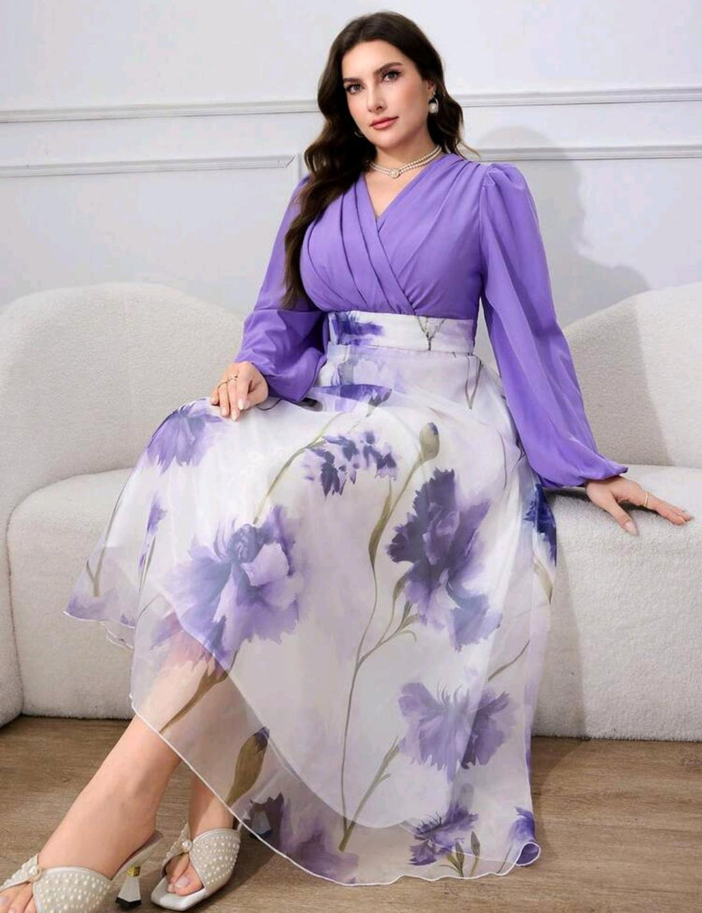 Modelyn Vestido de talla grande para mujer, estilo elegante con estampado floral, mangas de farol y cintura ceñida, estilo resort