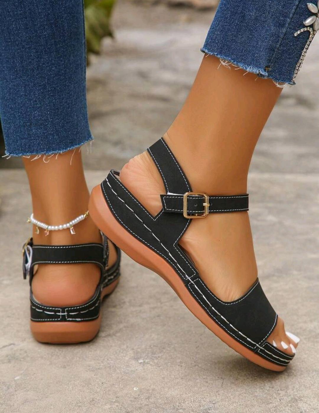 Sandalias para mujer, sandalias negras de verano, esencial para vacaciones, cómodas y ligeras, diseño de hebilla única, elegantes y a la moda