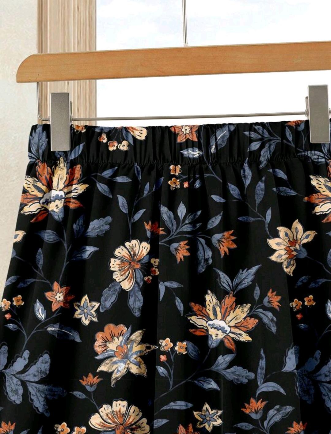 Rusticease 2 piezas Conjunto casual de verano para mujer con parte superior de unicolor + falda estampada, conjunto de falda y blusa ideal para vacaciones y actividades diarias.