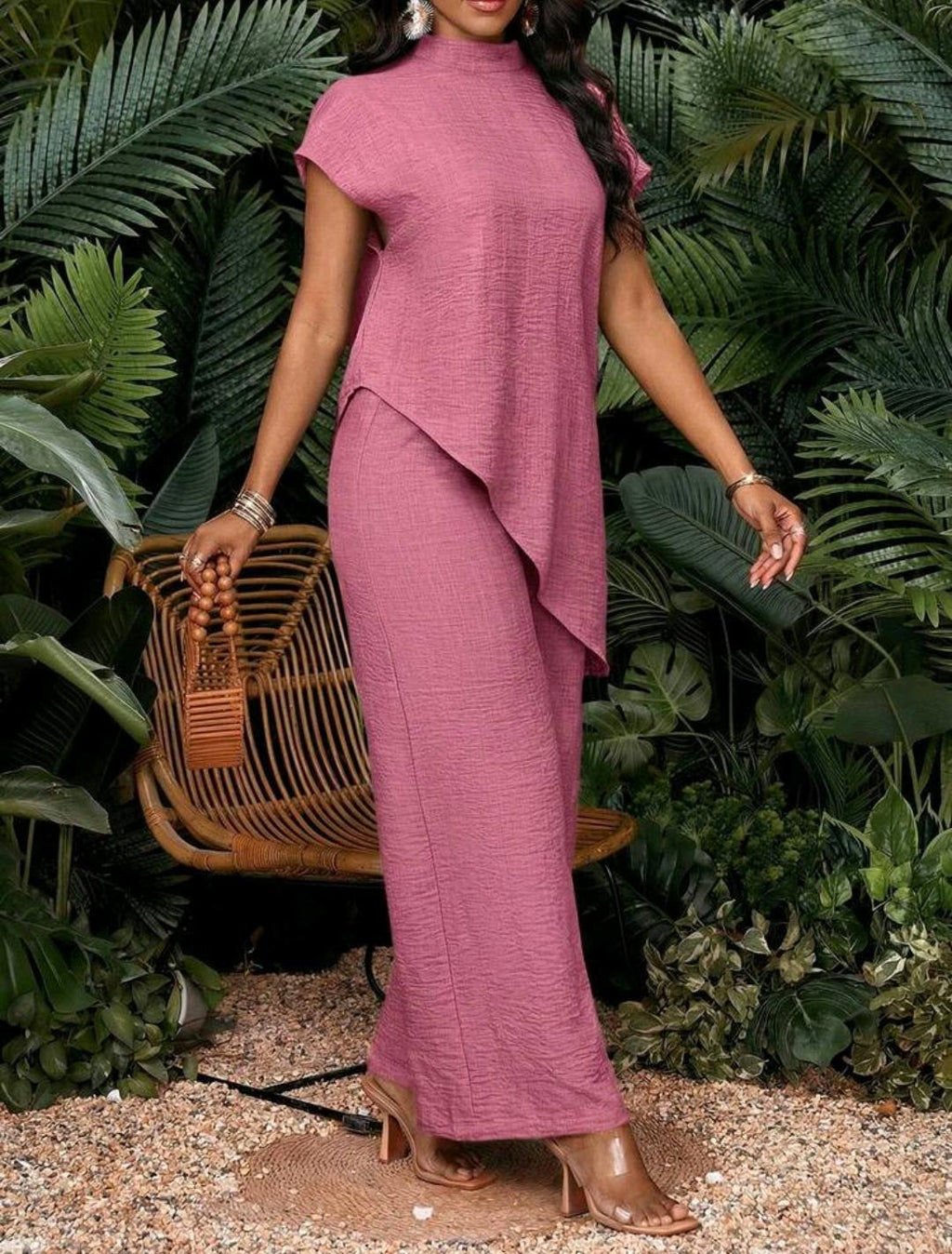Conjunto de 2 piezas de top y pantalones de unicolor con bajo asimétrico para vacaciones de mujer