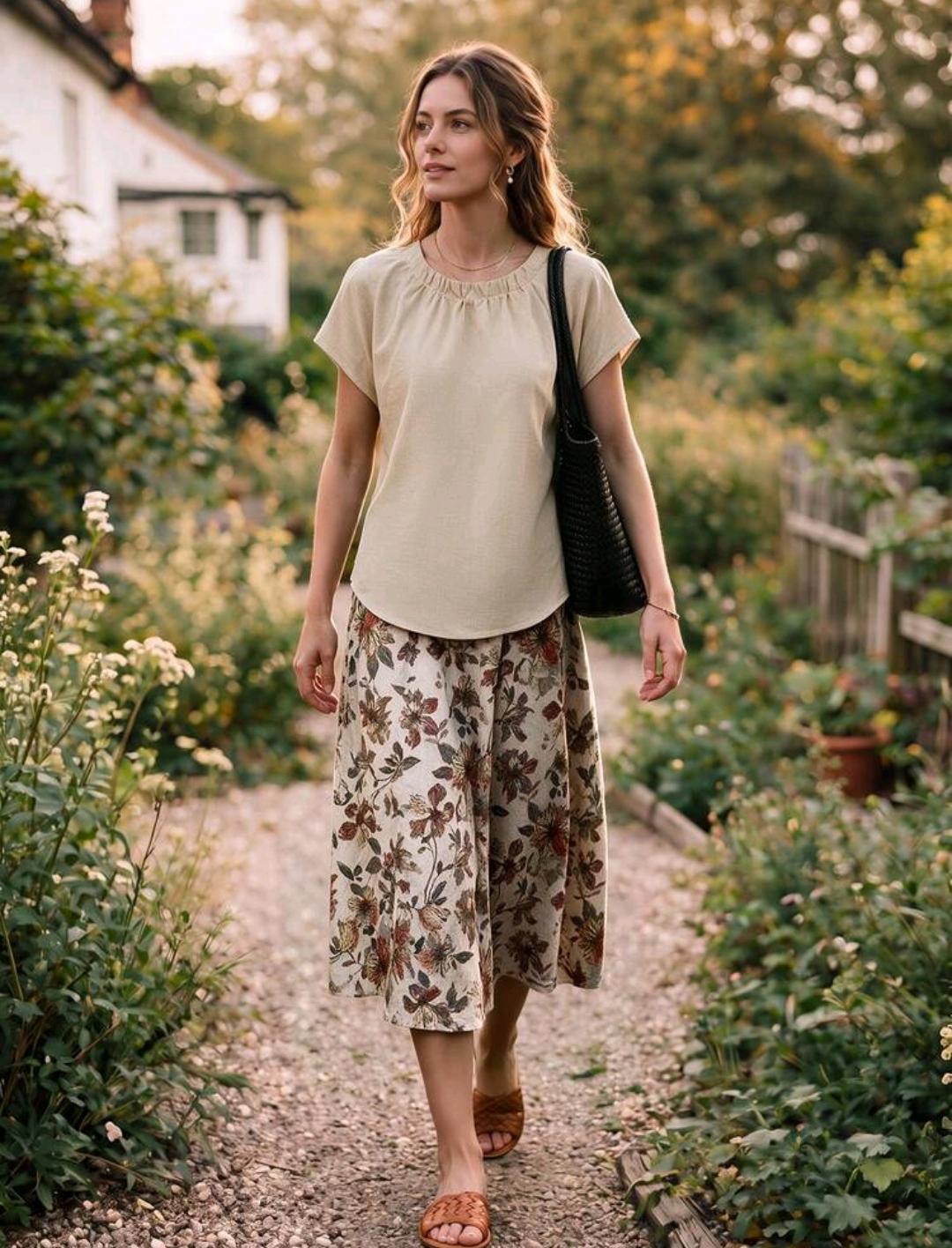Conjunto de 2 piezas para mujer, top de color liso y falda con estampado floral, estilo casual vintage elegante, para vacaciones de verano.