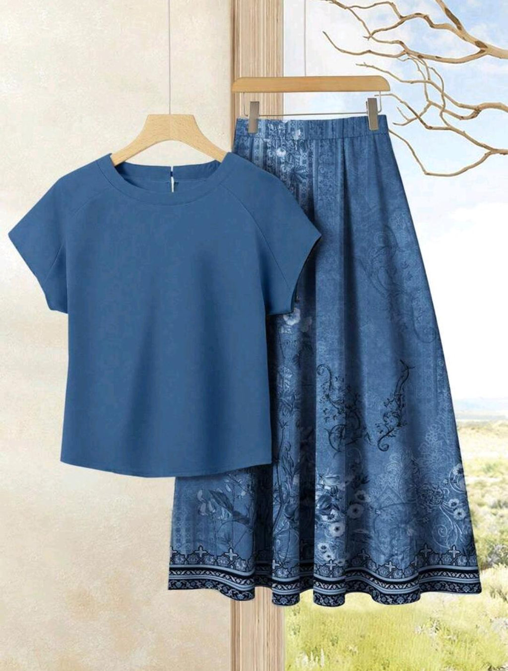 Conjunto de 2 piezas de falda con estampado floral y blusa color azul