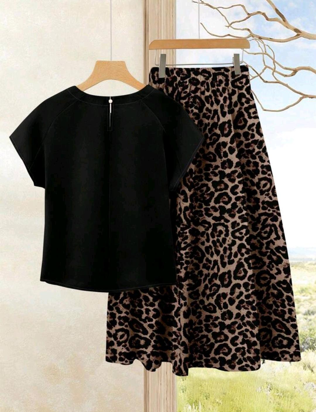 Conjunto de 2 piezas para mujer de blusa de color liso + falda estampada, atuendo de verano, blusa estampado estilo carnaval, casual para vacaciones, negro y beige, para uso diario y citas.