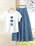 Rusticease Set de 2 piezas Conjunto de top casual de vacaciones + falda azul con estampado de corazón para mujer - Conjunto de falda y top bohemio de verano para playa, crucero, festival de música, boda, viaje a la ciudad, uso en isla y campo