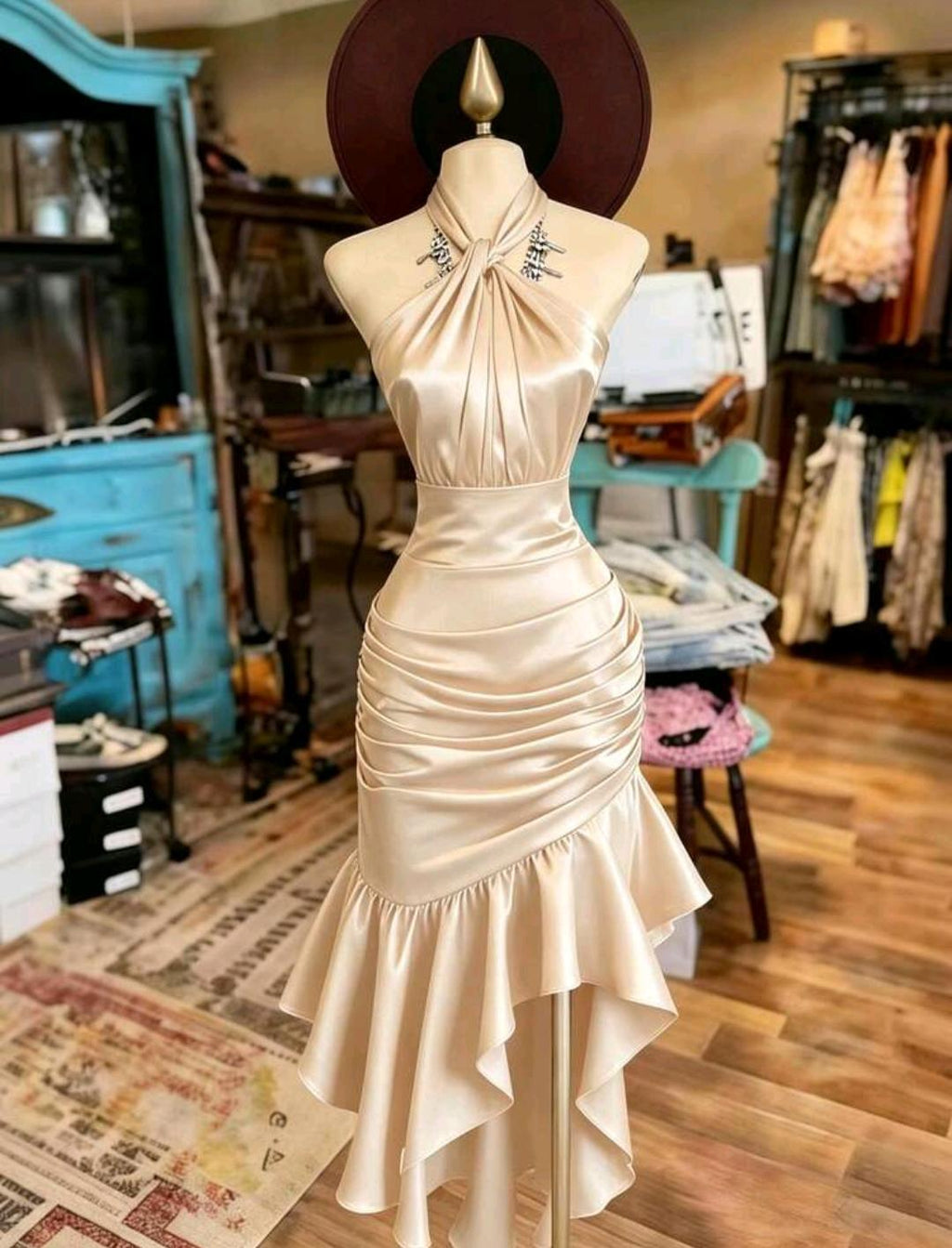 Vestido elegante con cuello halter y volantes | Bajo pedido