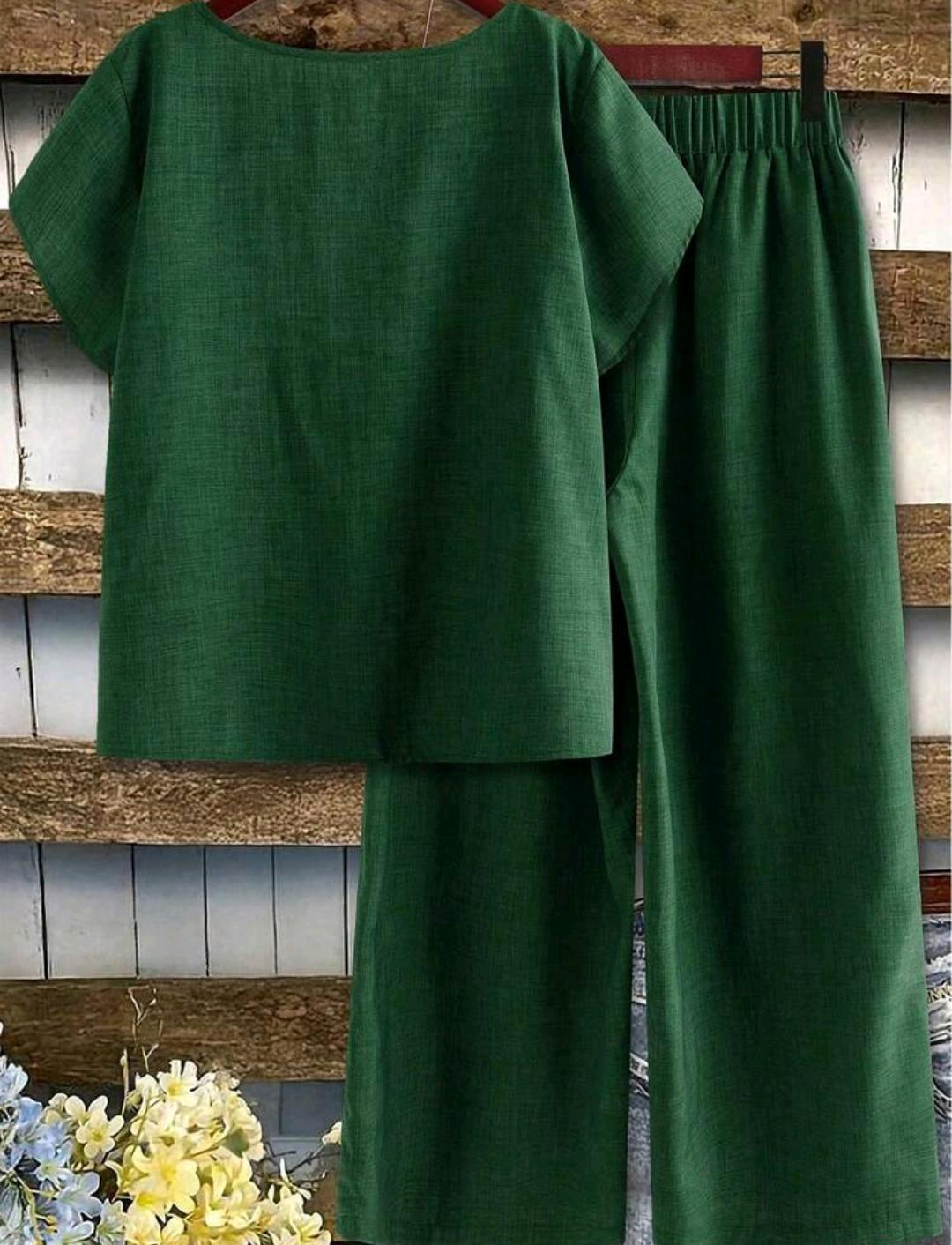 Conjunto de blusa lisa y pantalón ancho estampado | Bajo pedido
