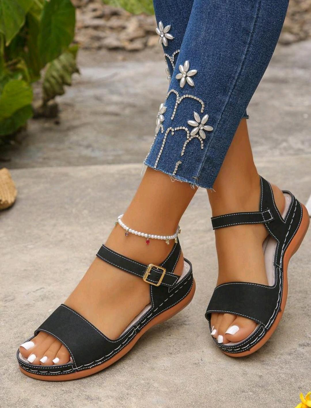 Sandalias para mujer, sandalias negras de verano, esencial para vacaciones, cómodas y ligeras, diseño de hebilla única, elegantes y a la moda