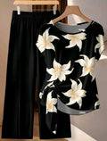 Conjunto de 2 piezas de blusa con estampado de flor de lirio y lazo, y pantalones rectos holgados para mujer