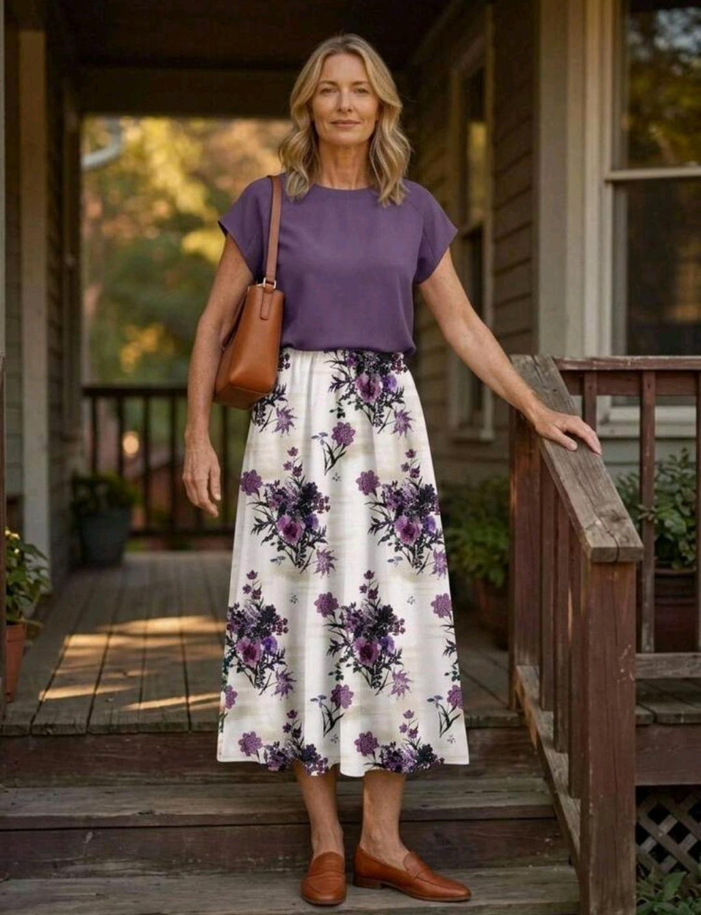 Rusticease 2 piezas/Set Conjunto de mujer con top de unicolor y falda estampada floral púrpura para vacaciones estilo casual.