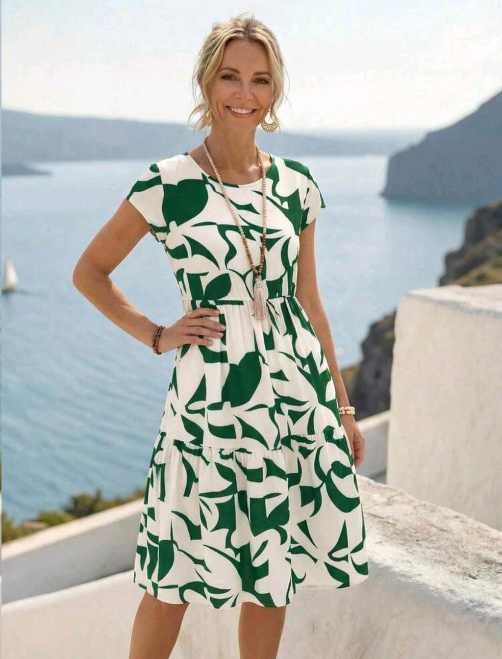 Vestido corto casual de manga corta con cuello redondo y estampado geométrico para mujer, primavera/verano