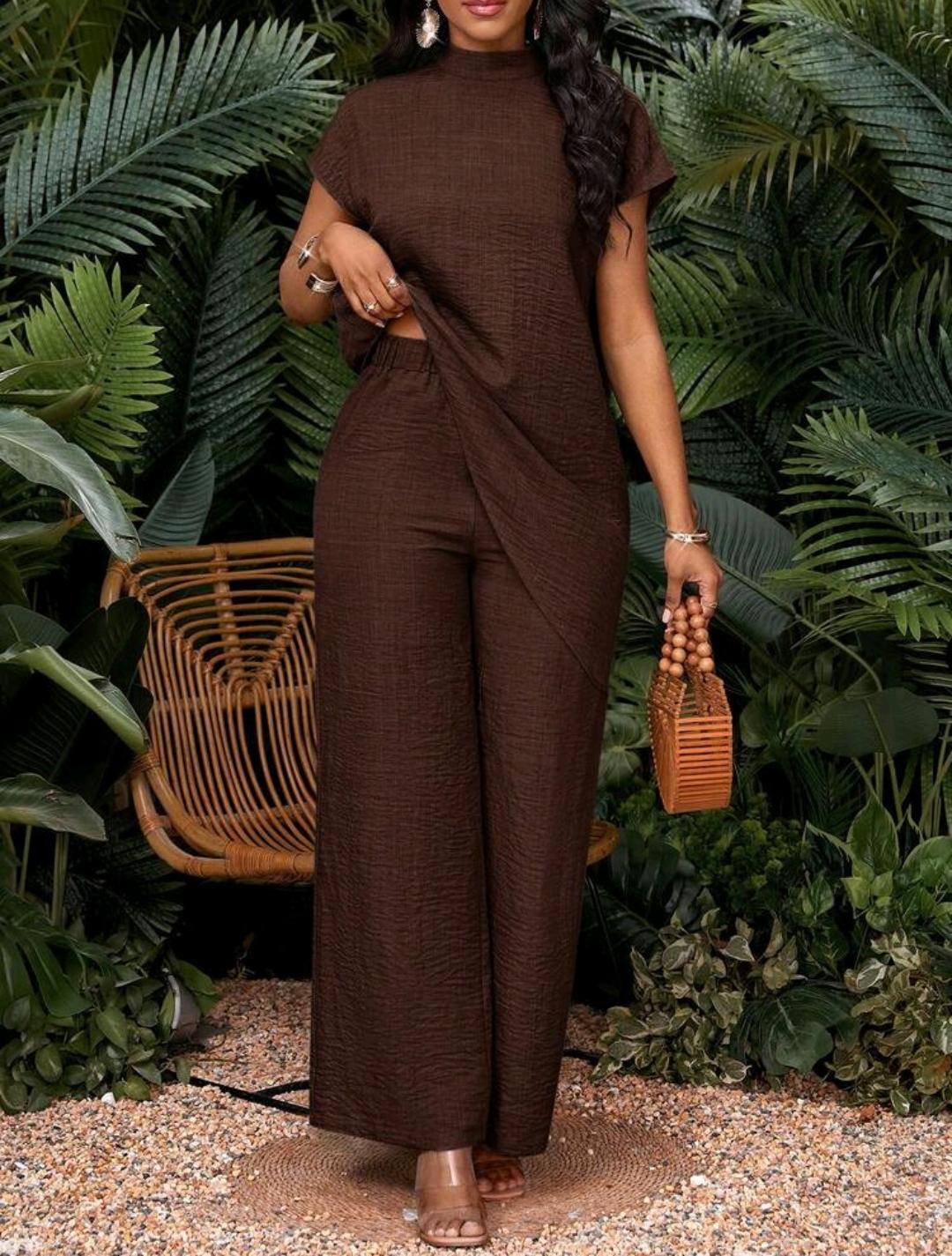 Conjunto de dos piezas de top y pantalones de talla grande, unicolor casual con bajo asimétrico