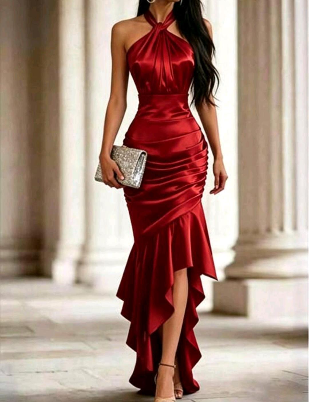 Vestido elegante con cuello halter y volantes | Bajo pedido