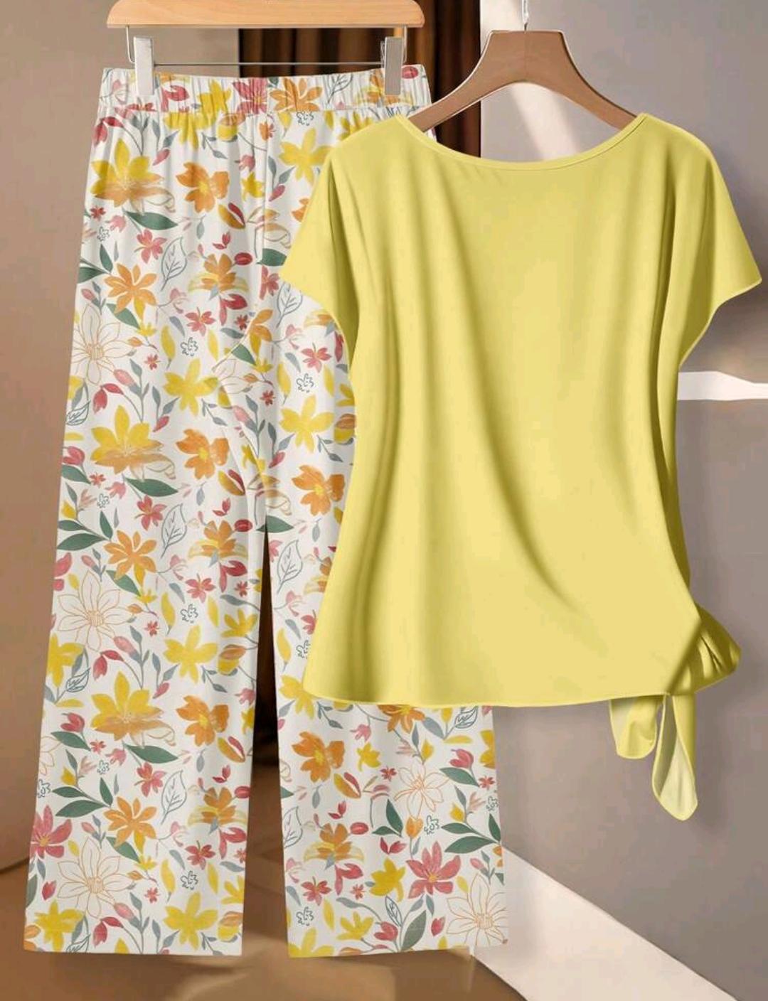 Conjunto de 2 piezas de blusa estampada y pantalones de pierna ancha con cintura de lazo para mujer