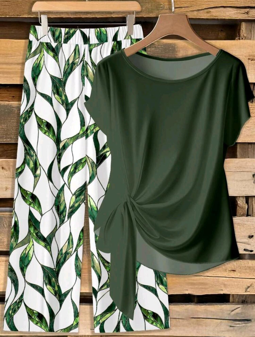 2 piezas Conjunto verde oscuro y pantalones rectos holgados con estampado geométrico, adecuado para primavera y verano.