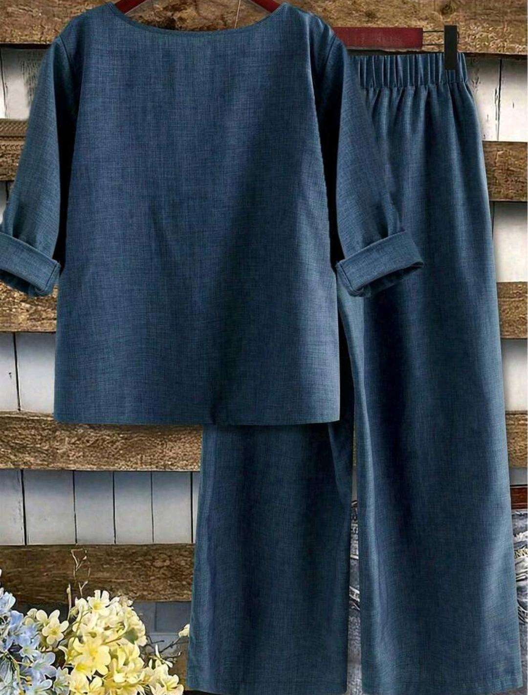 Conjunto de blusa lisa y pantalón ancho estampado | Bajo pedido