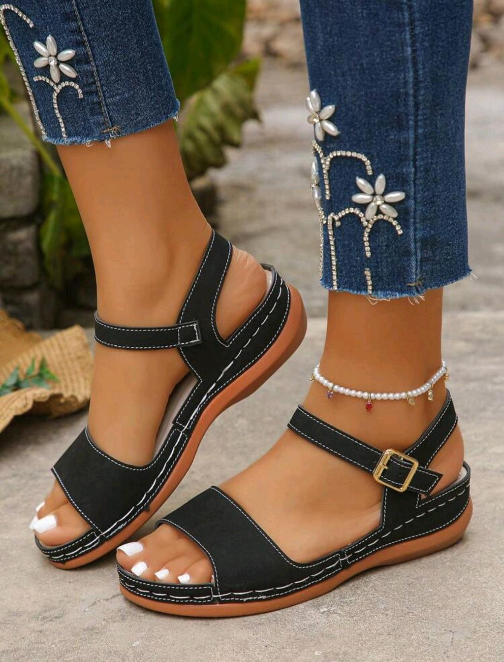 Sandalias para mujer, sandalias negras de verano, esencial para vacaciones, cómodas y ligeras, diseño de hebilla única, elegantes y a la moda