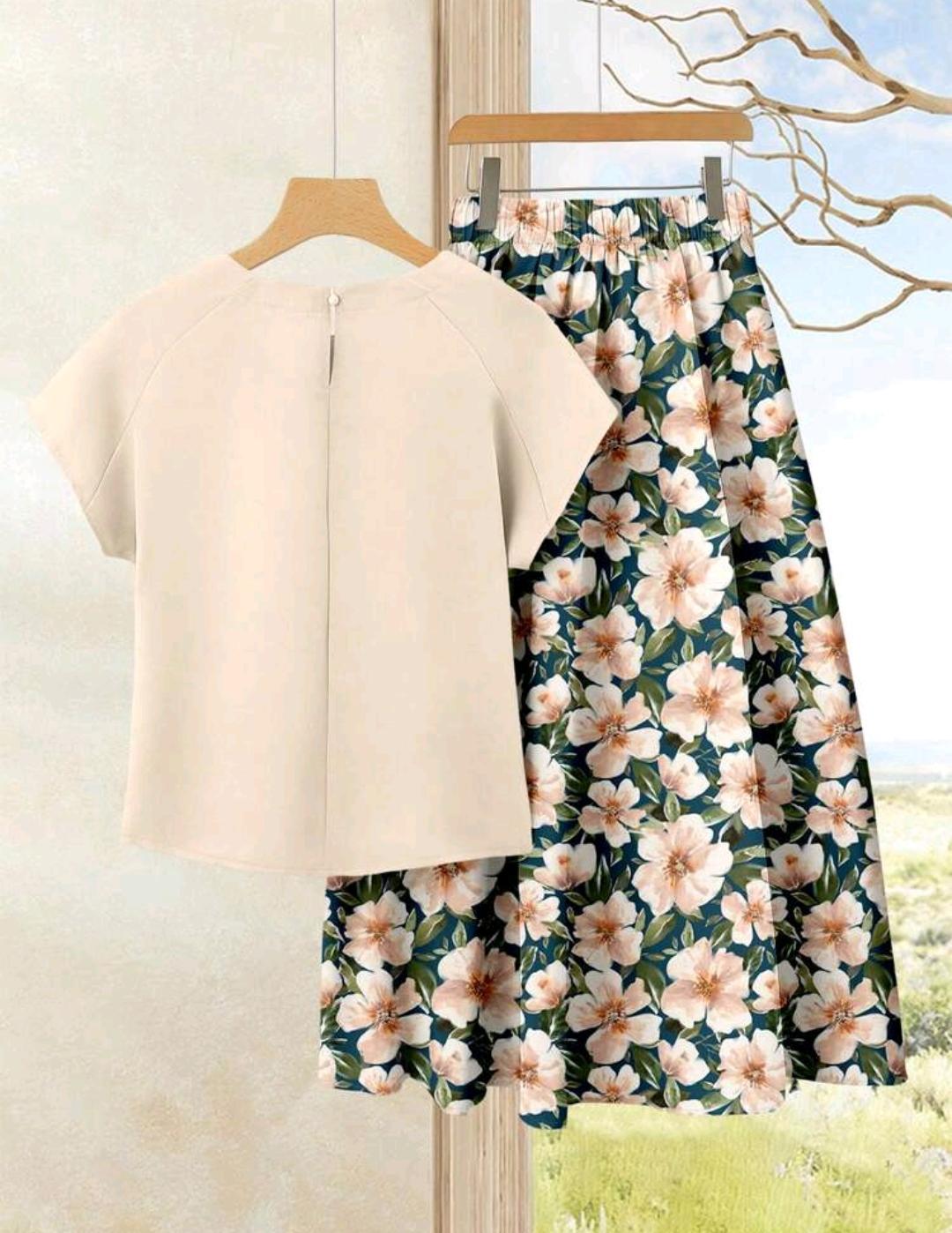 Rusticease Conjunto de 2 piezas para mujer de verano elegante color beige liso con top & falda estampada, atuendo casual para fiesta de té, manga corta cómodo para vacaciones.