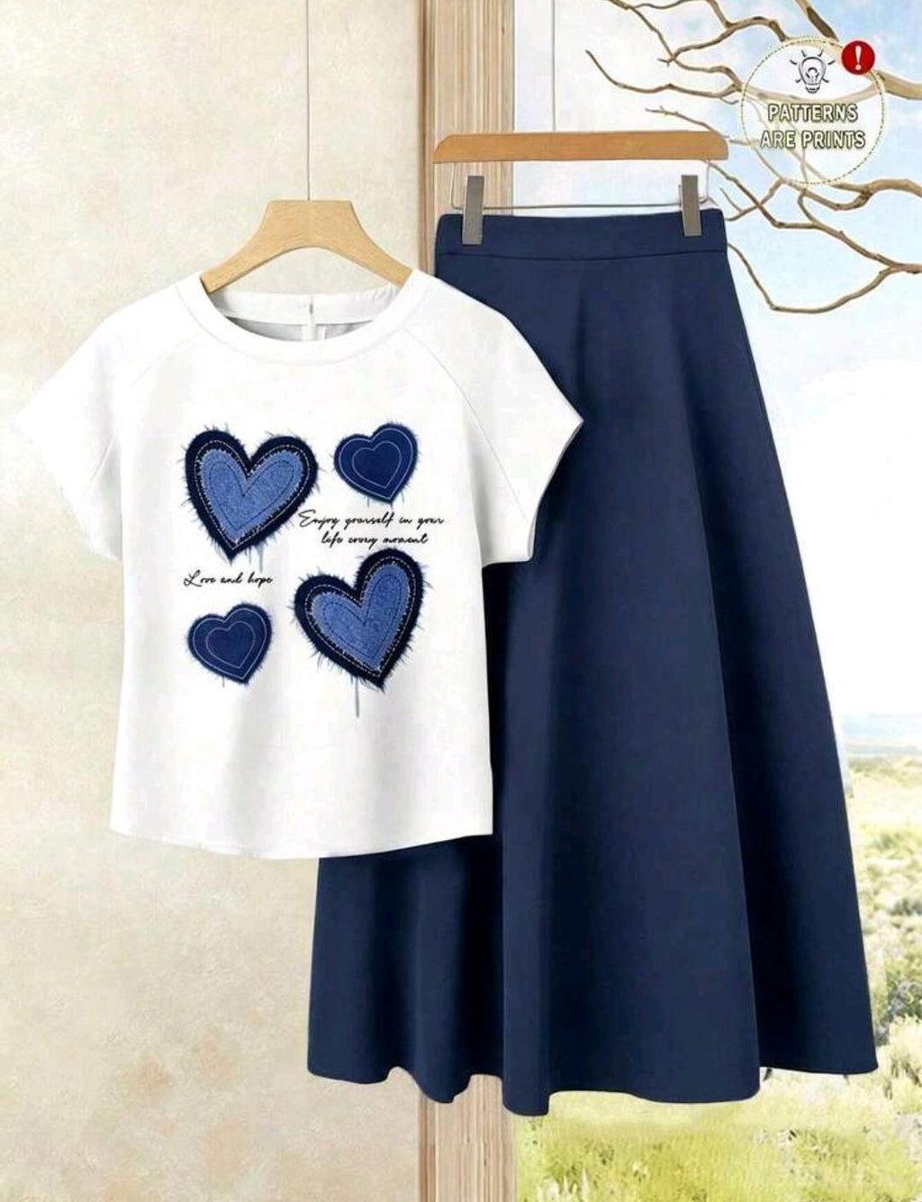 Rusticease 2 piezas Conjunto casual de verano para mujer con blusa con estampado de corazones y falda unicolor, ideal para vacaciones la oficina, la iglesia o fiestas.