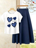 Rusticease 2 piezas Conjunto casual de verano para mujer con blusa con estampado de corazones y falda unicolor, ideal para vacaciones la oficina, la iglesia o fiestas.