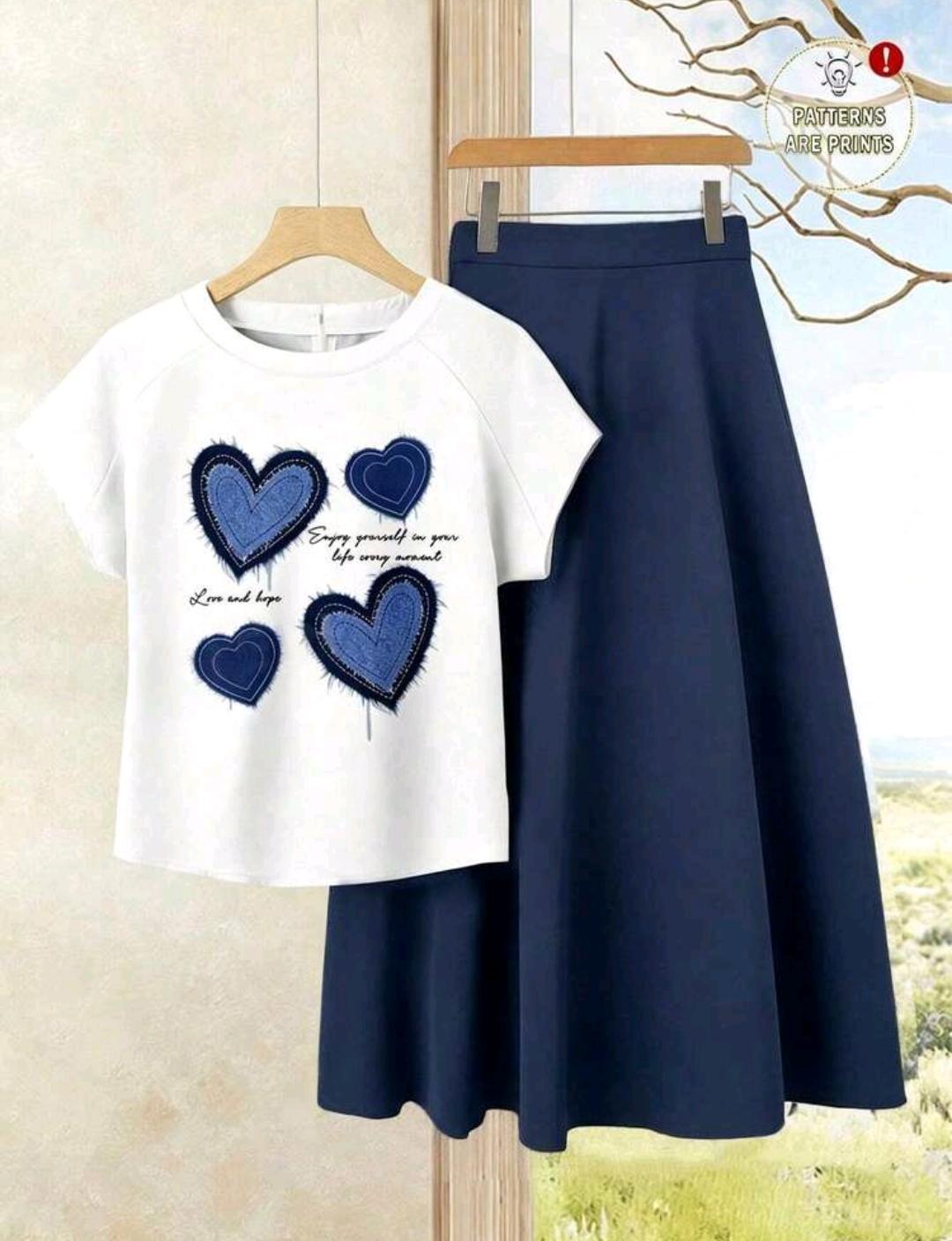 Rusticease 2 piezas Conjunto casual de verano para mujer con blusa con estampado de corazones y falda unicolor, ideal para vacaciones la oficina, la iglesia o fiestas.