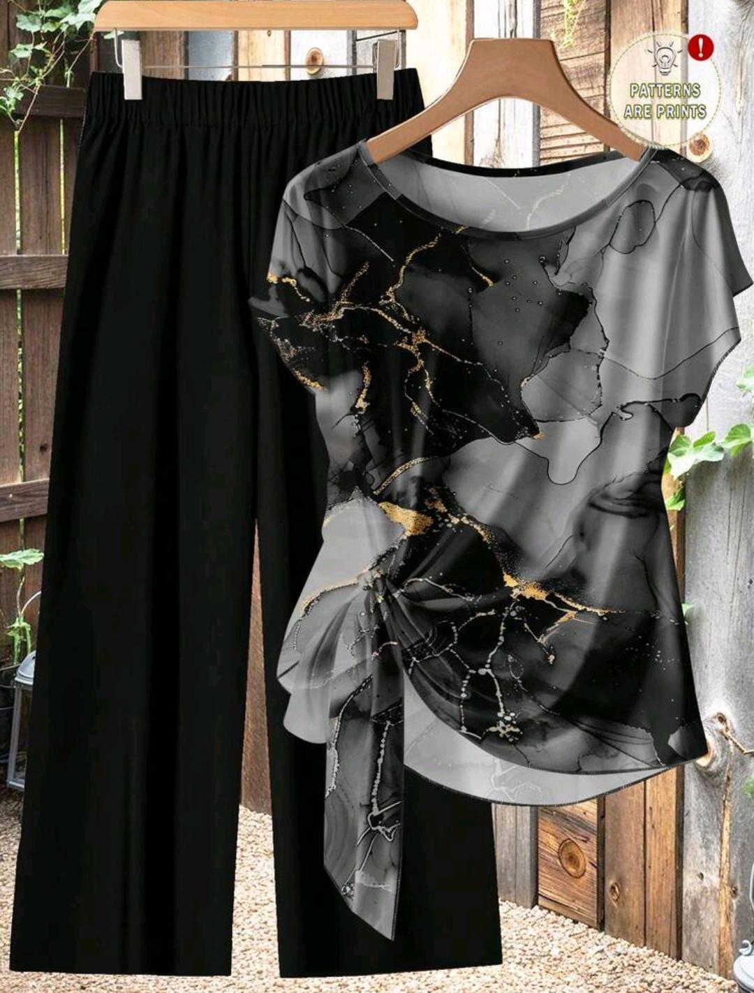 Conjunto de 2 piezas de blusa de mujer con estilo minimalista casual en negro y gris con patrón floral abstracto de falso foil y lazo, y pantalones rectos sueltos, adecuado para otoño/invierno, estilo vintage.