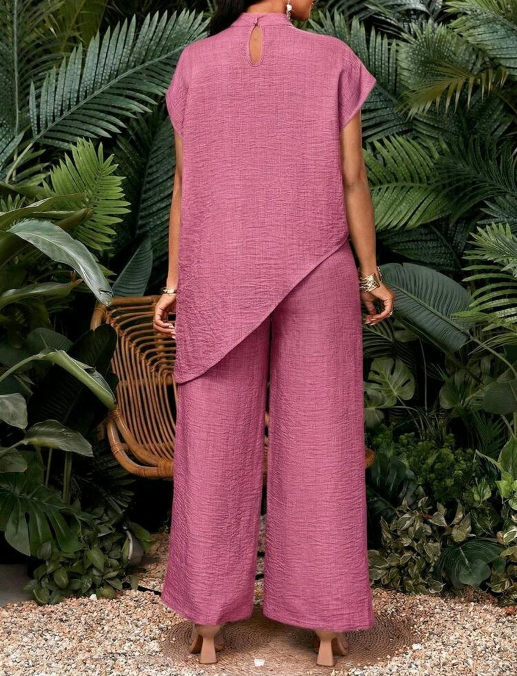 Conjunto de 2 piezas de top y pantalones de unicolor con bajo asimétrico para vacaciones de mujer