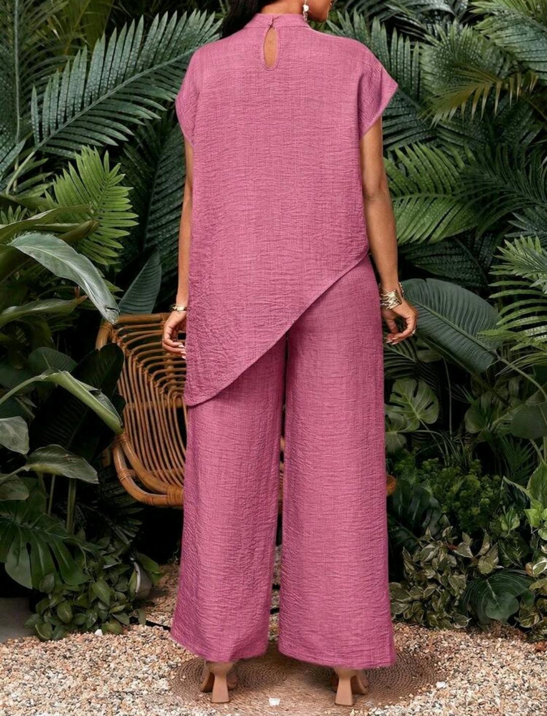Conjunto de 2 piezas de top y pantalones de unicolor con bajo asimétrico para vacaciones de mujer