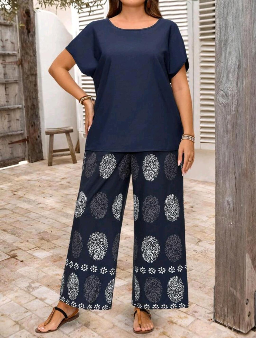 EMERY ROSE Conjunto de dos piezas  cuello redondo,  con posicionamiento de flores en azul, pantalón, adecuado para primavera y verano, estilo boho, tallas grandes para mujer.