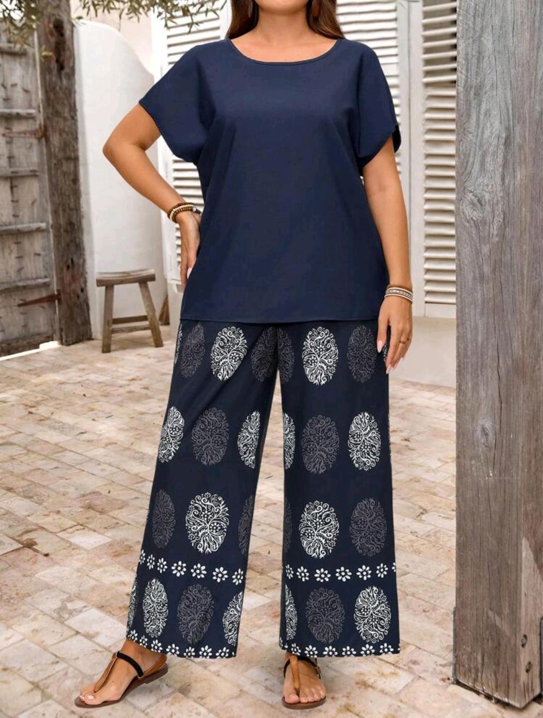 EMERY ROSE Conjunto de dos piezas  cuello redondo,  con posicionamiento de flores en azul, pantalón, adecuado para primavera y verano, estilo boho, tallas grandes para mujer.