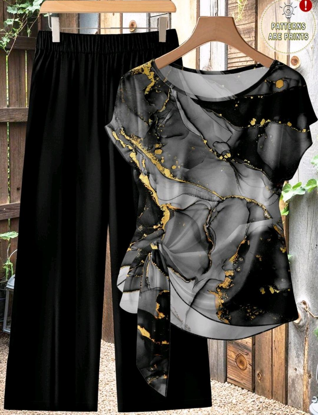 Conjunto Ámbar de blusa estampada y pantalón de pierna ancha | Bajo pedido