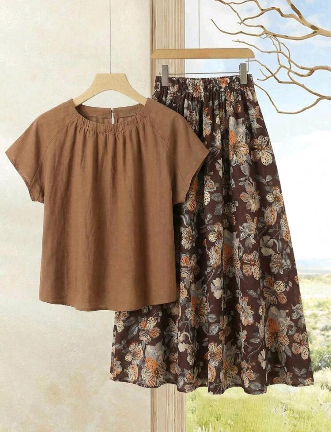 Conjunto de Falda Floral Vintage Marrón Chocolate Talla Grande, Conjunto de 2 Piezas para Mujer Otoño Picnic Vacaciones, Top Suelto de Cuello Redondo & Falda Estampada Atuendos de Vacaciones.
