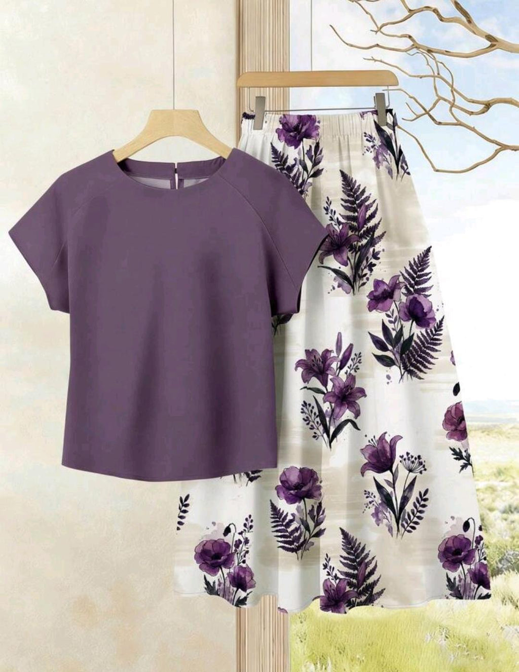 2 piezas Conjunto casual de verano para mujer con parte superior de unicolor + falda estampada.