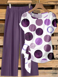 Set de 2 piezas: Blusa con nudo delantero y estampado de lunares, y pantalones rectos relajados, adecuado para vacaciones de primavera/verano