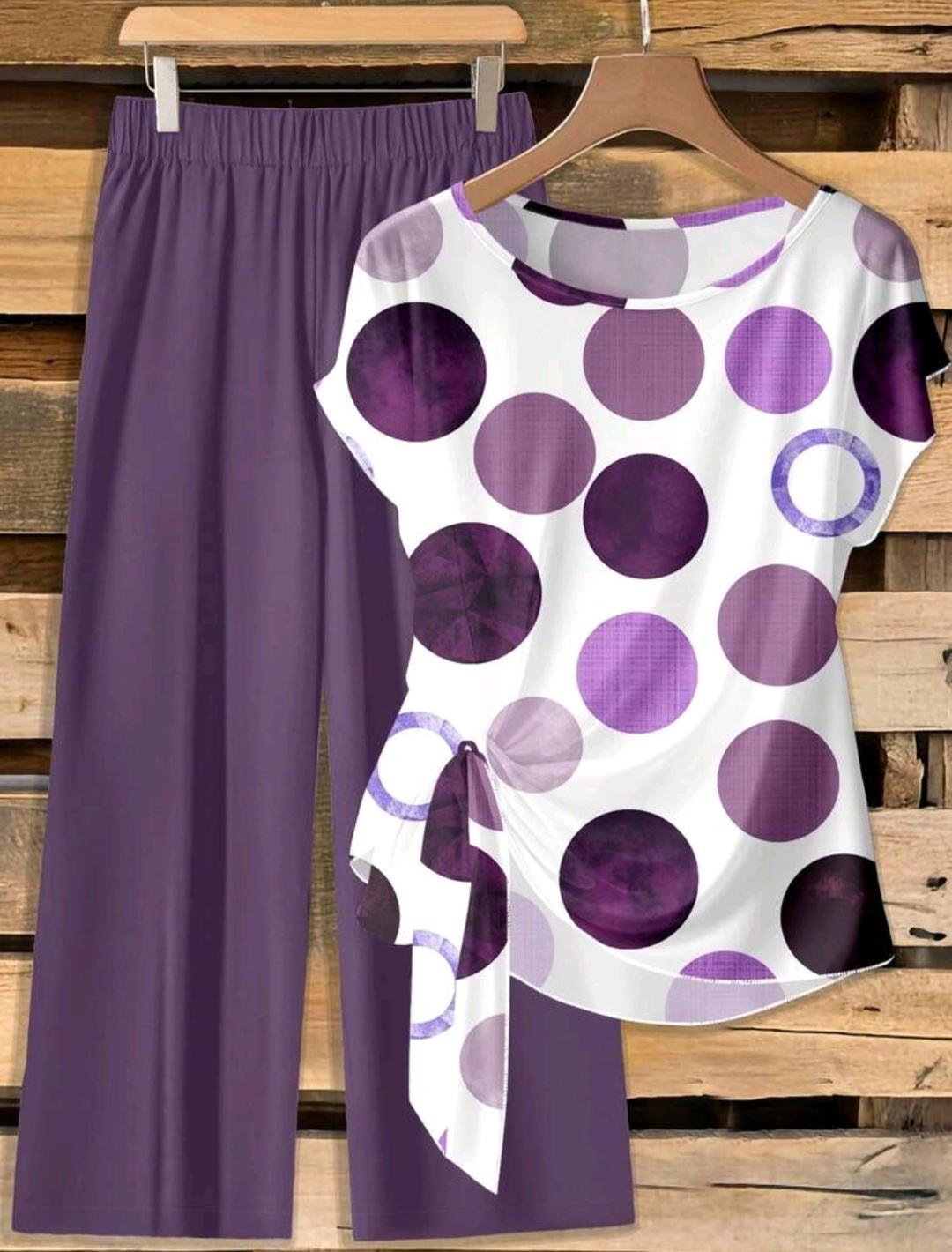 Set de 2 piezas: Blusa con nudo delantero y estampado de lunares, y pantalones rectos relajados, adecuado para vacaciones de primavera/verano