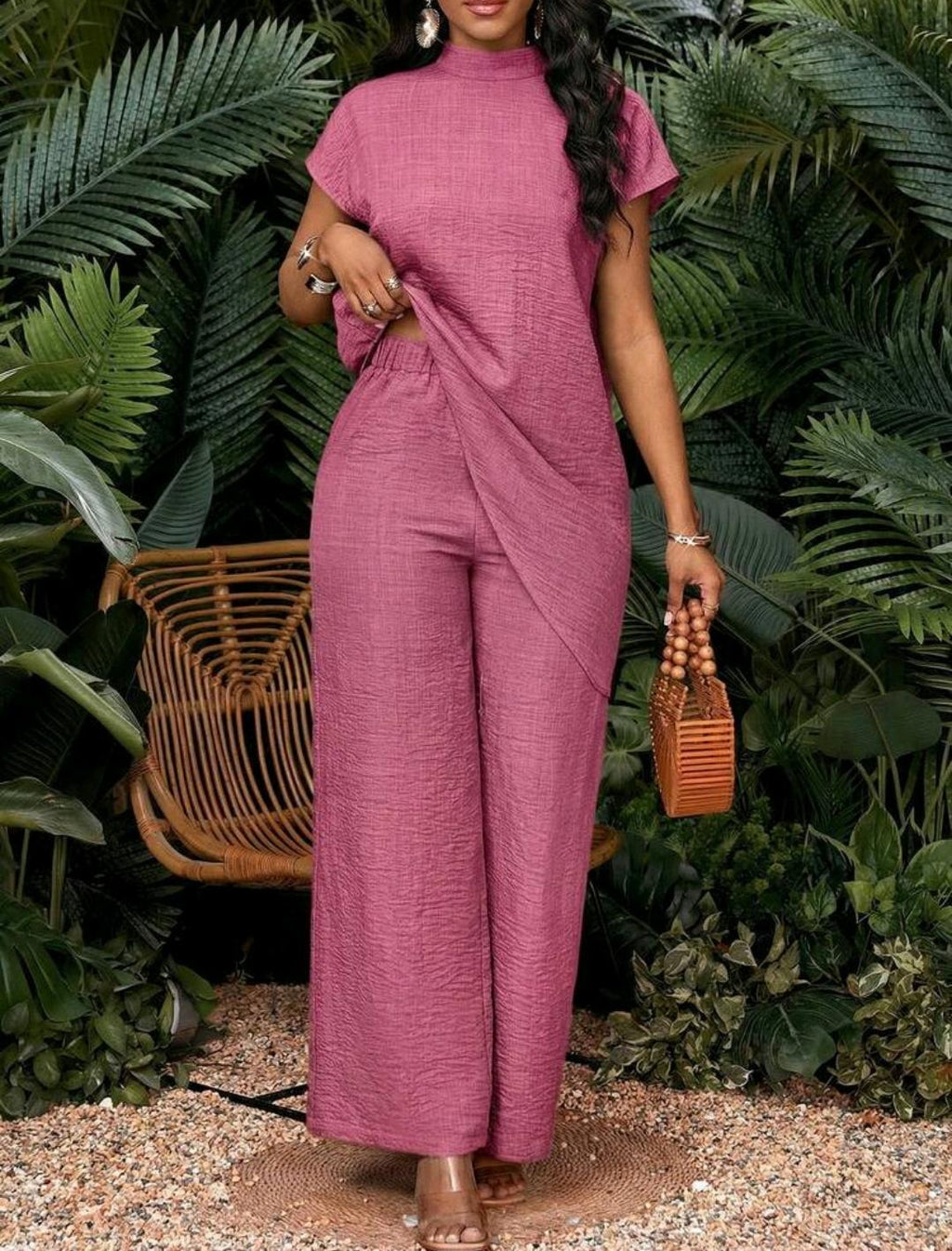 Conjunto de 2 piezas de top y pantalones de unicolor con bajo asimétrico para vacaciones de mujer