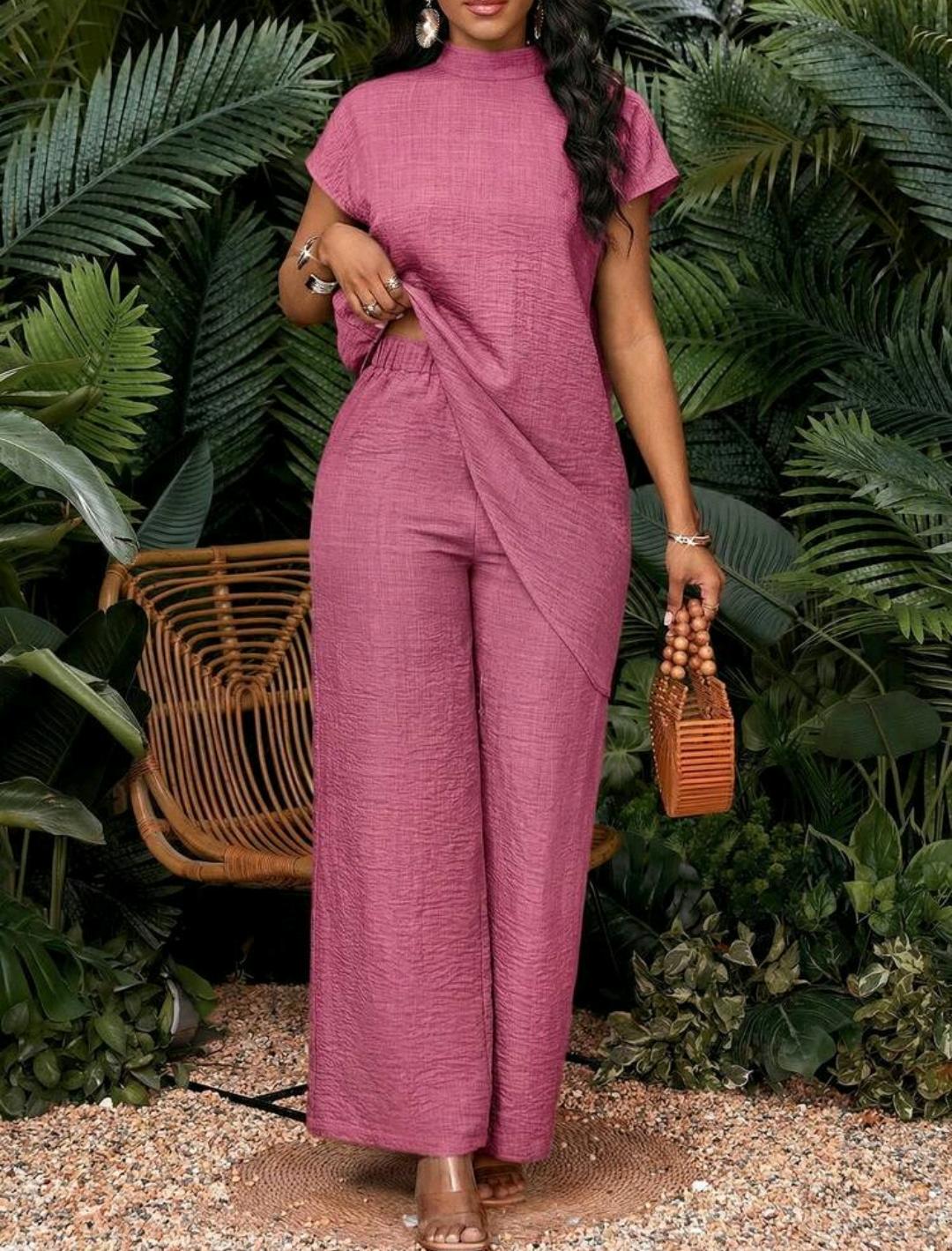 Conjunto de 2 piezas de top y pantalones de unicolor con bajo asimétrico para vacaciones de mujer
