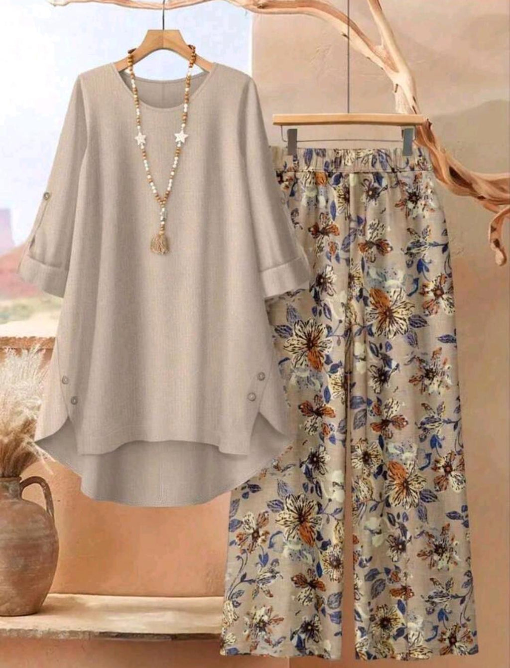 Conjunto Florencia blusa larga y pantalón floral | Bajo pedido