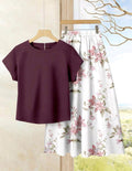 2 piezas Conjunto de blusa casual de unicolor + falda estampado floral.