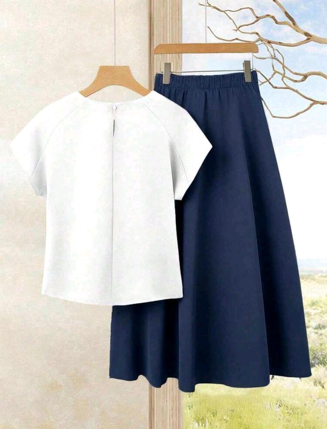 Rusticease 2 piezas Conjunto casual de verano para mujer con blusa con estampado de corazones y falda unicolor, ideal para vacaciones la oficina, la iglesia o fiestas.