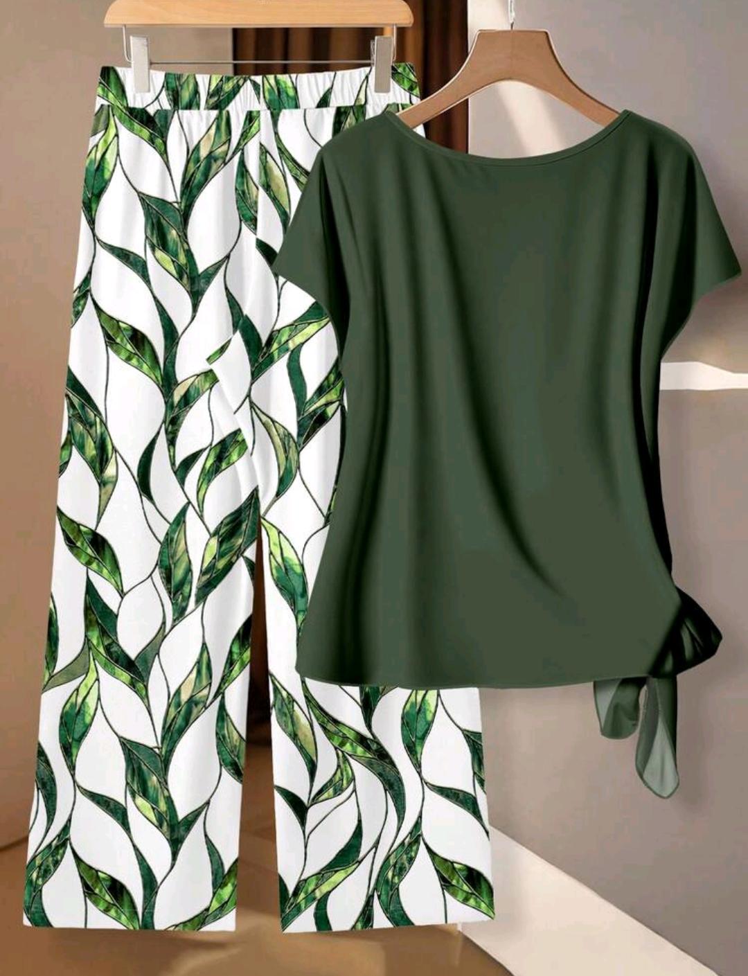 2 piezas Conjunto verde oscuro y pantalones rectos holgados con estampado geométrico, adecuado para primavera y verano.