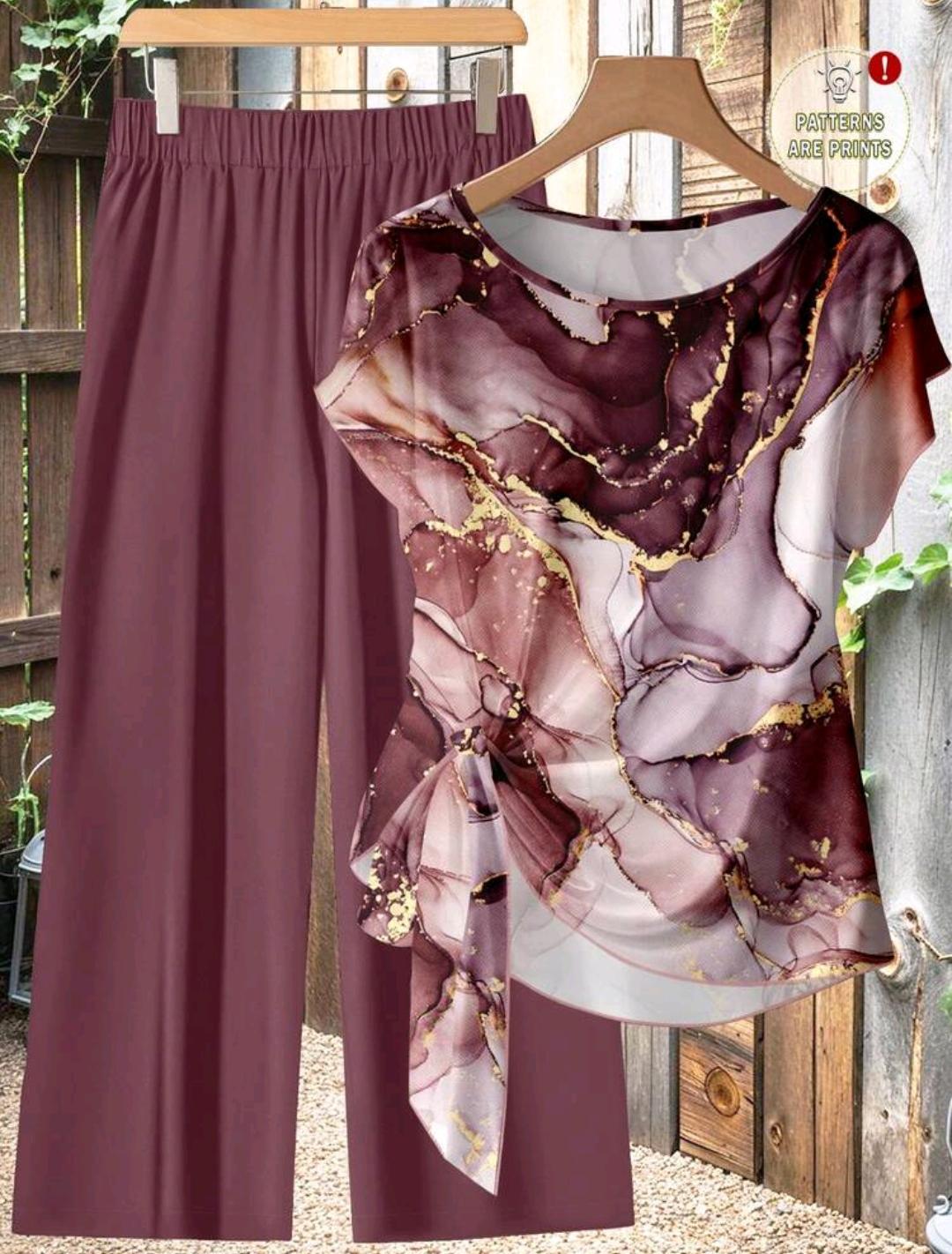Conjunto Ámbar de blusa estampada y pantalón de pierna ancha | Bajo pedido