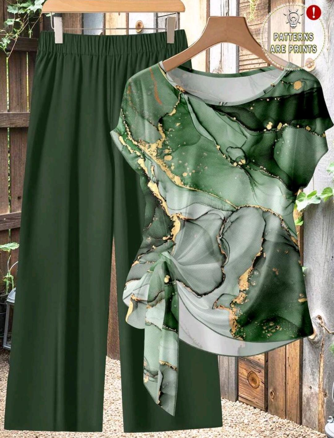 Conjunto Ámbar de blusa estampada y pantalón de pierna ancha | Bajo pedido