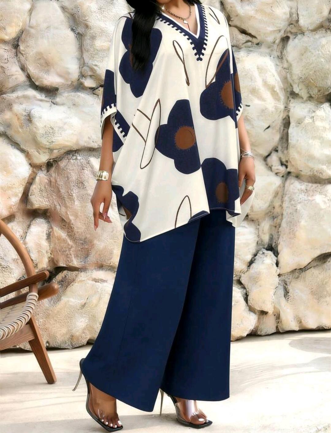 SHEIN Lady Conjunto de 2 piezas de talla grande con estampado vintage, suelto y elegante. Conjunto de 2 piezas de verano estilo bohemio modesto.