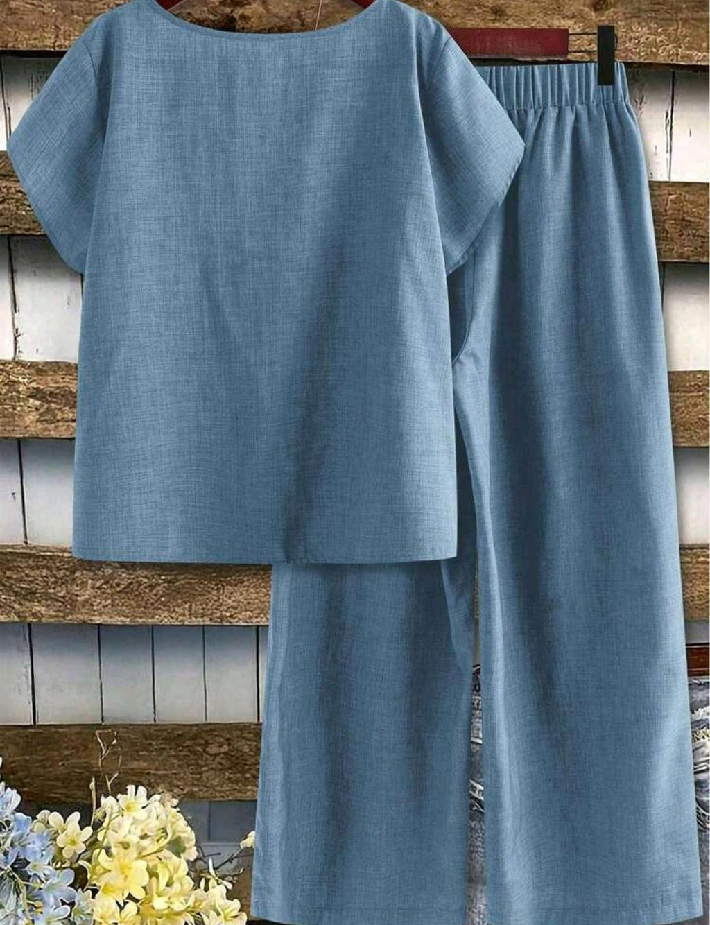 Conjunto de blusa lisa y pantalón ancho estampado | Bajo pedido