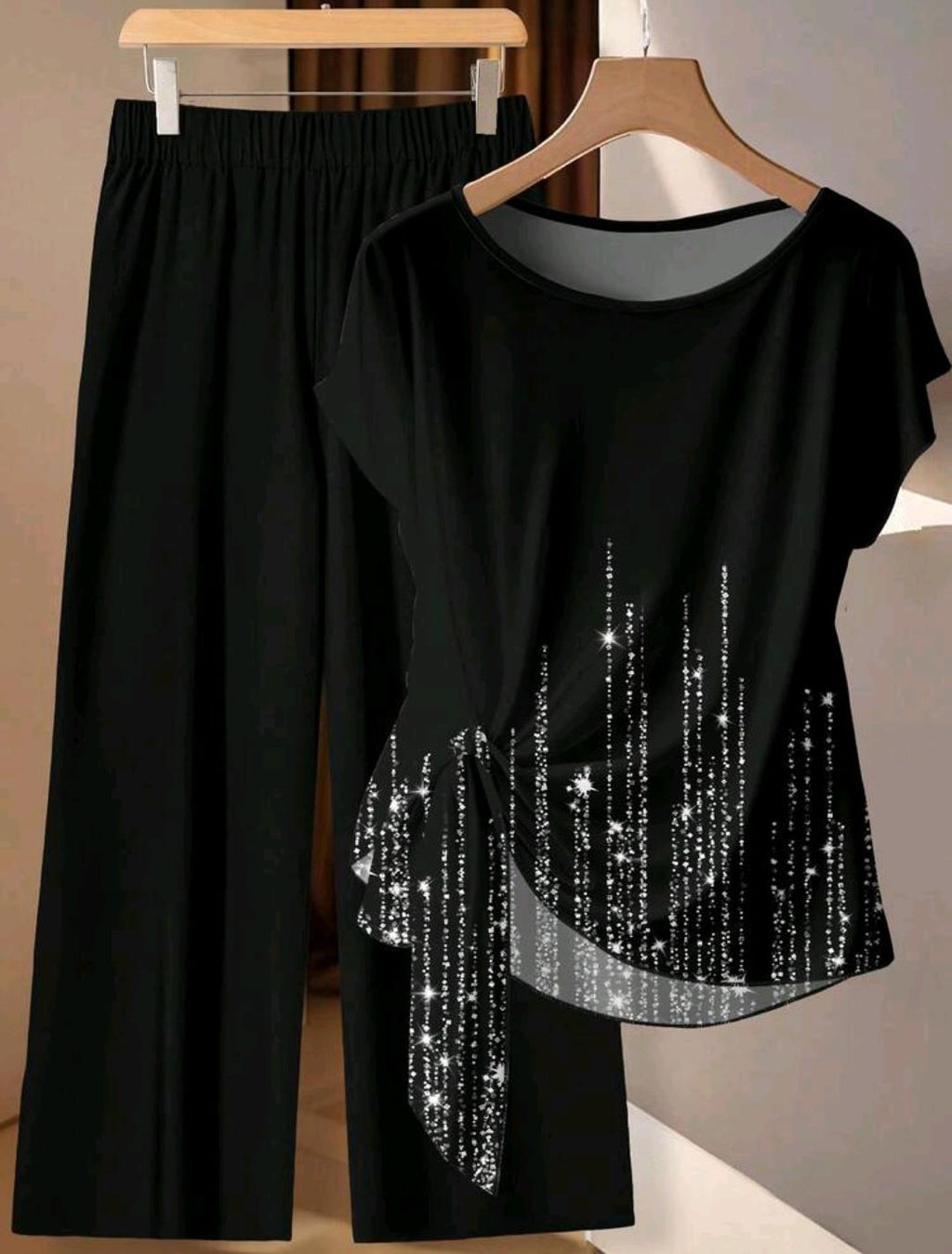 Conjunto de 2 piezas con camisa de mujer  estampado de lazo de lentejuelas, pantalones rectos sueltos, adecuado para salidas, fiestas, citas.