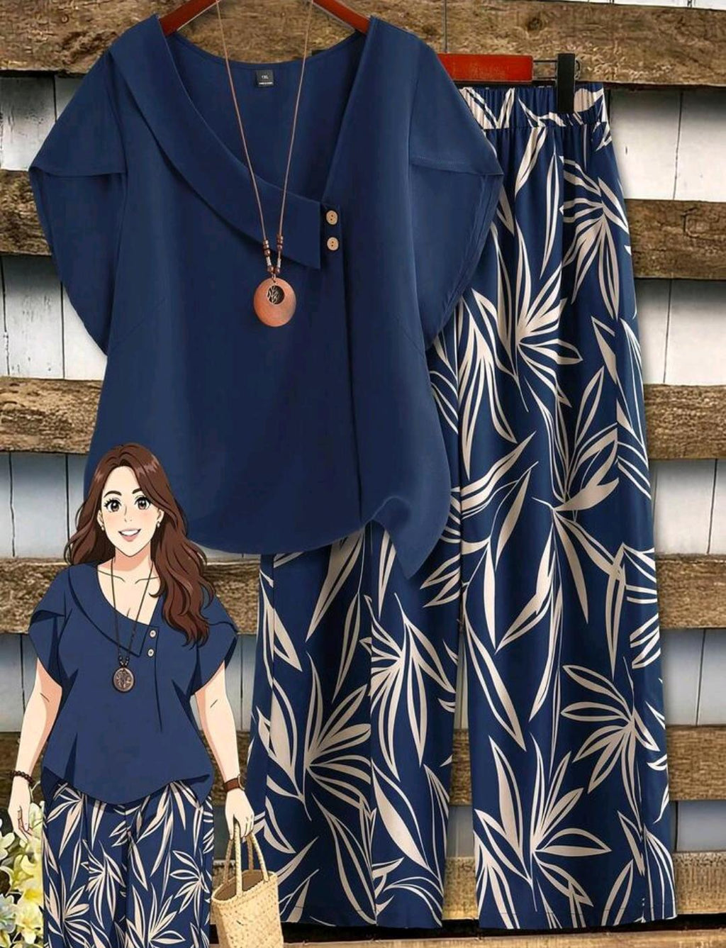 Conjunto de blusa lisa y pantalón ancho estampado | Bajo pedido