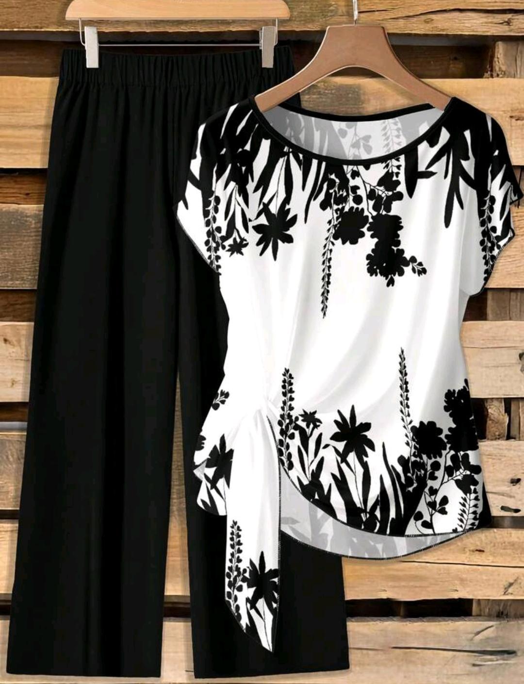 SHEIN Clasi 2 piezas Conjunto de camisa beige elegante y casual minimalista con estampado de silueta botánica en blanco y negro y pantalones sueltos negros. Perfecto para primavera y verano, vacaciones, estilo campestre, día, jardín y caminatas.